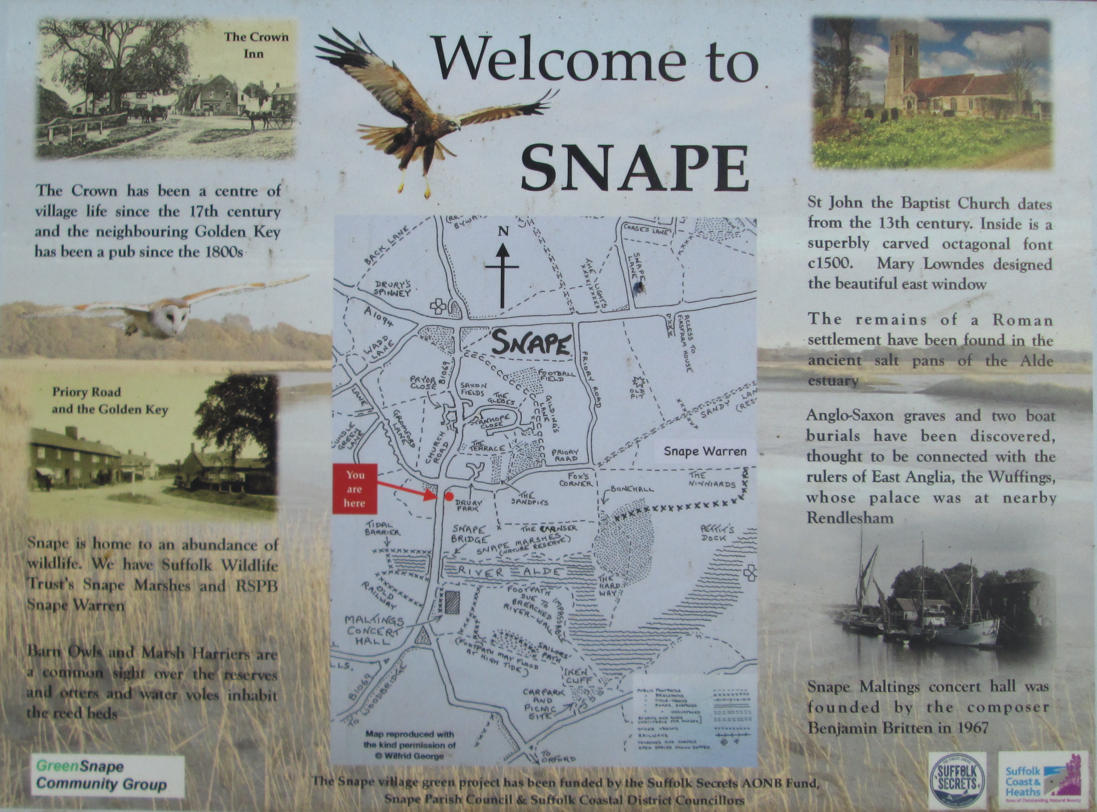 information panel on Snape Village Green, outside the Crown