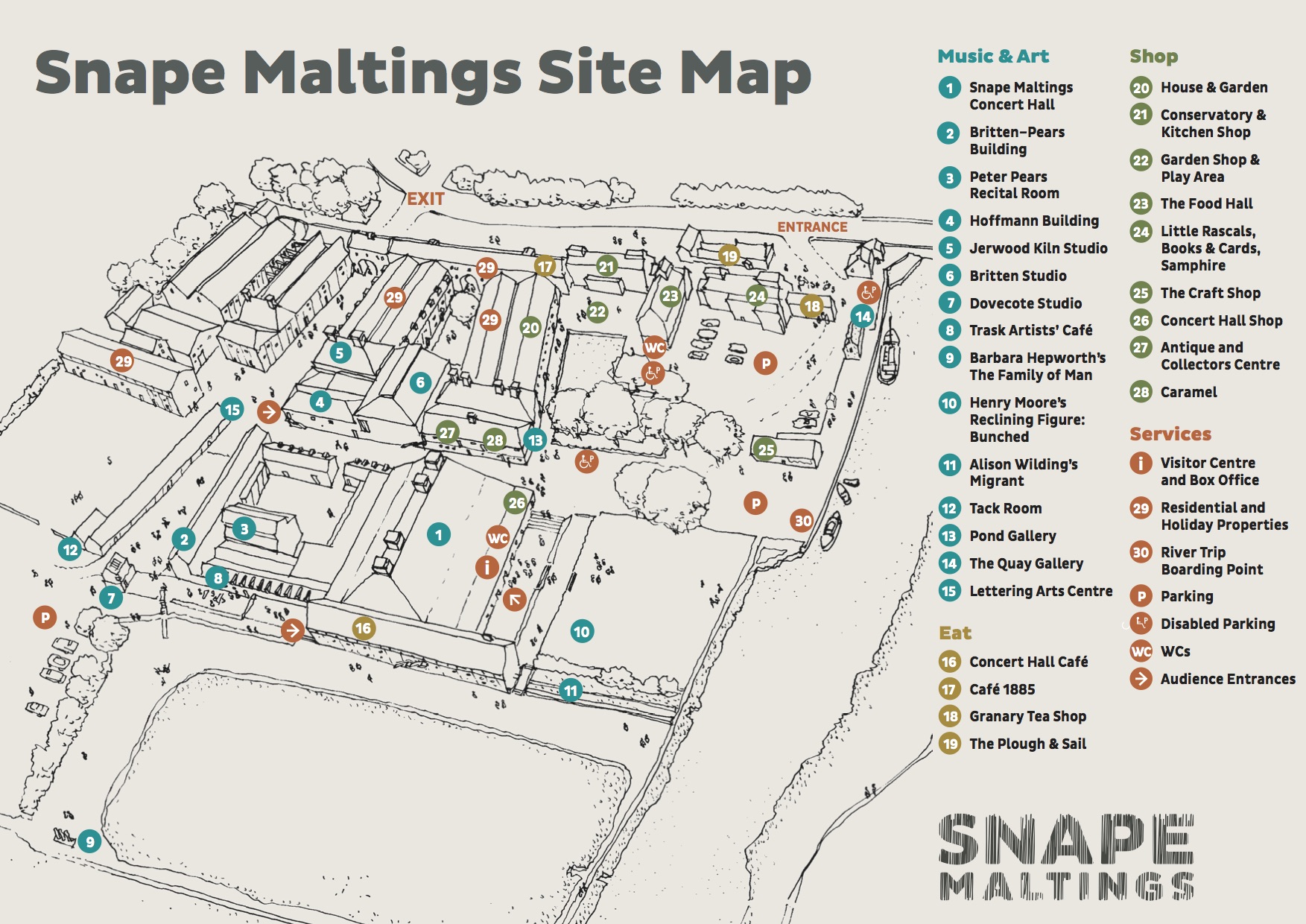 Snape Maltings site map, with numbers matching some of the locations list